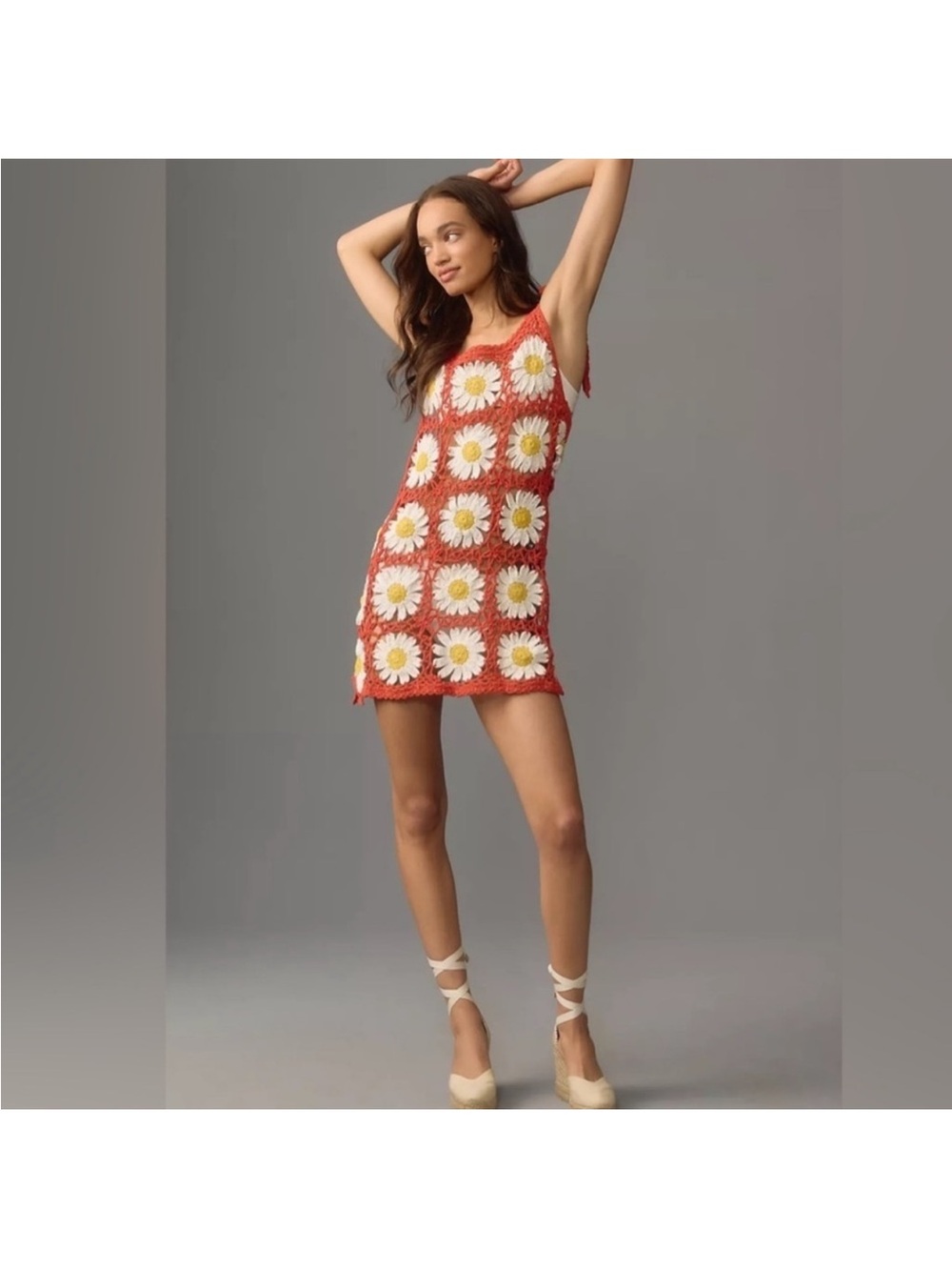 Anthropologie Crochet Daisy Mini Dress with White & Yellow Floral Motifs